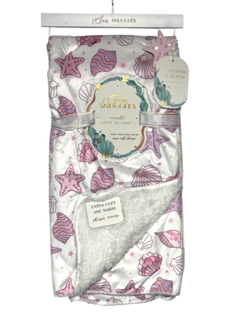 Sea Snuggles Baby Blanket Oversized Soft Reversible Sea Shells Starfish Soft